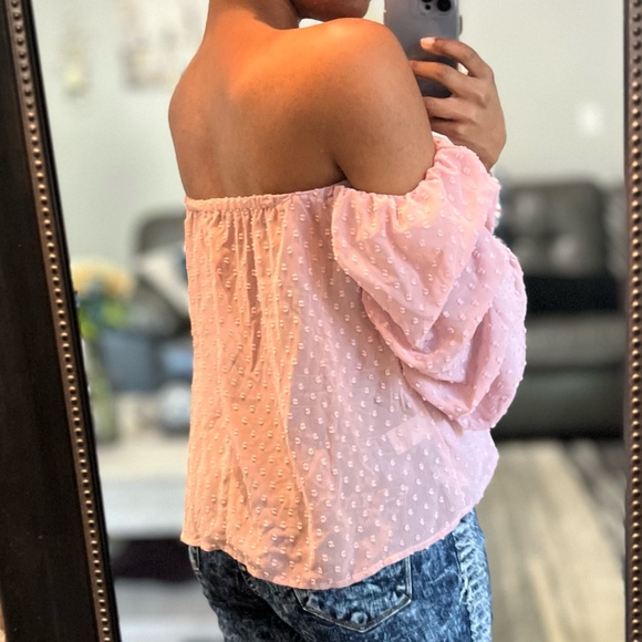 Blush Mauve Pink Charlotte Russe Off Shoulder Ruched Sleeve Blouse, Juniors S - Picture 2 of 3